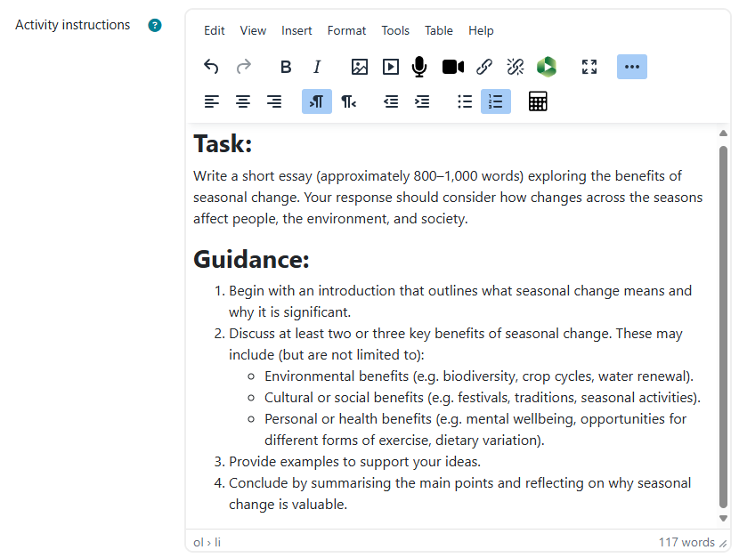 a screenshot of the assignment activity instructions field